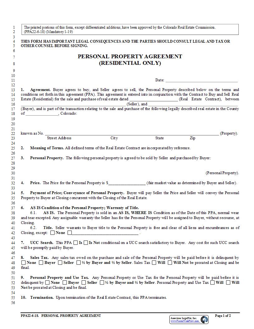 Personal Property Agreement {PPA22} | Pdf Fpdf Docx | Colorado