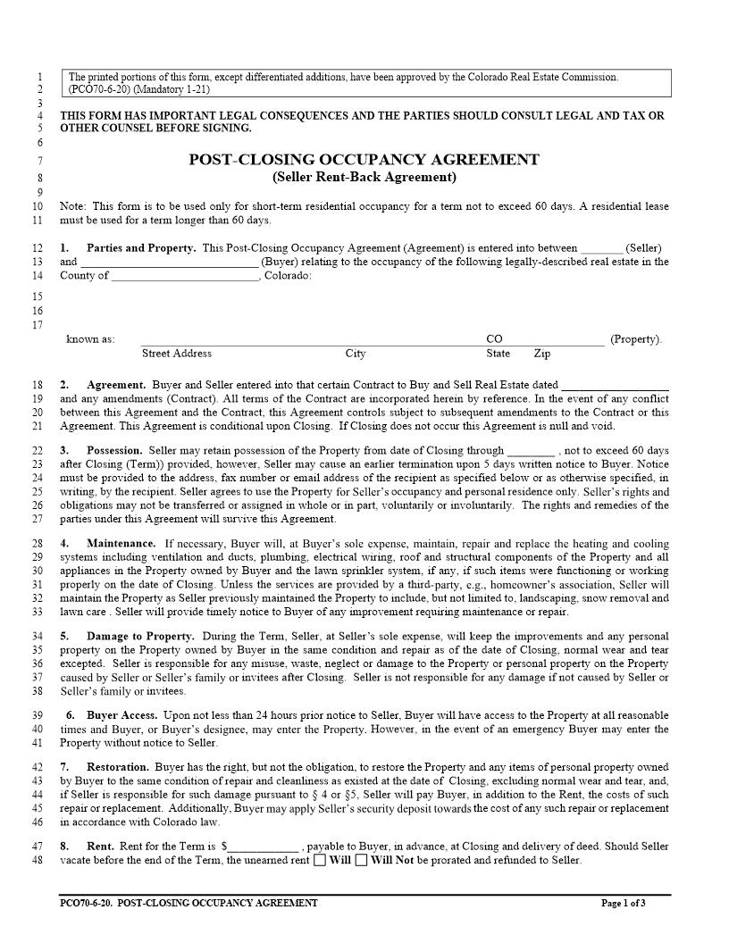 Post-Closing Occupancy Agreement | Pdf Fpdf Docx | Colorado