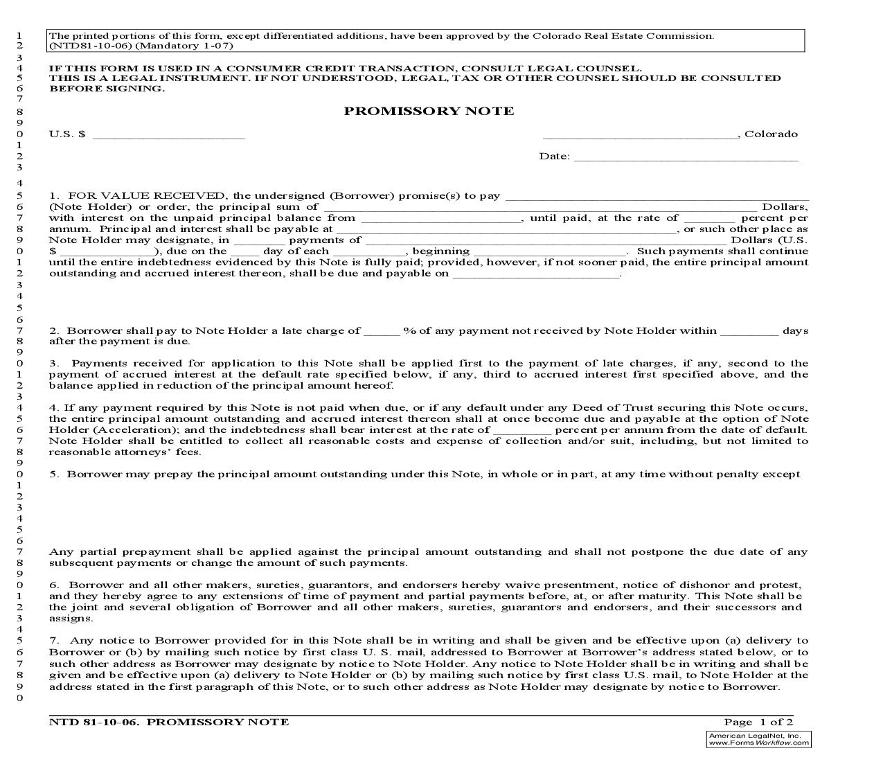 Promissory Note {NTD81} | Pdf Fpdf Doc Docx | Colorado