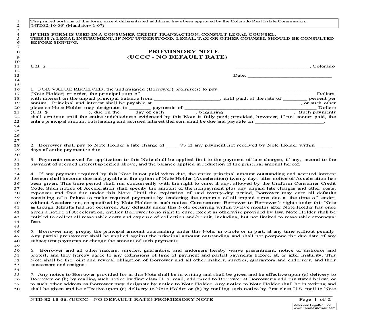 Promissory Note (UCCC - No Default Rate) {NTD82} | Pdf Fpdf Doc Docx | Colorado