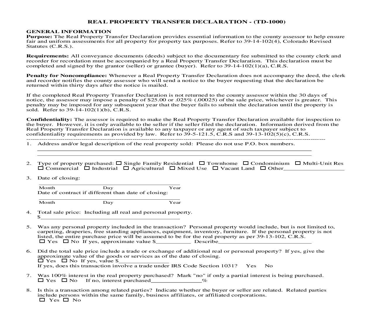 Real Property Transfer Declaration {TD-1000} | Pdf Fpdf Doc Docx | Colorado