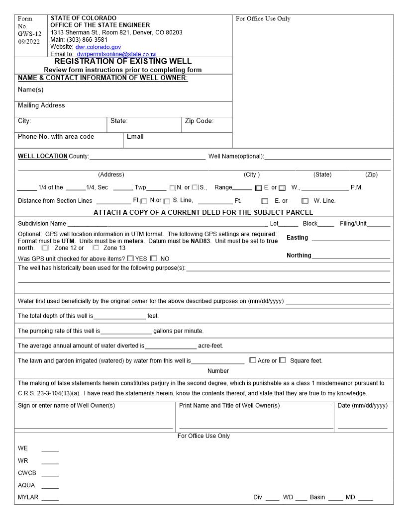 Registration Of Existing Well {GWS 12} | Pdf Fpdf Doc Docx | Colorado