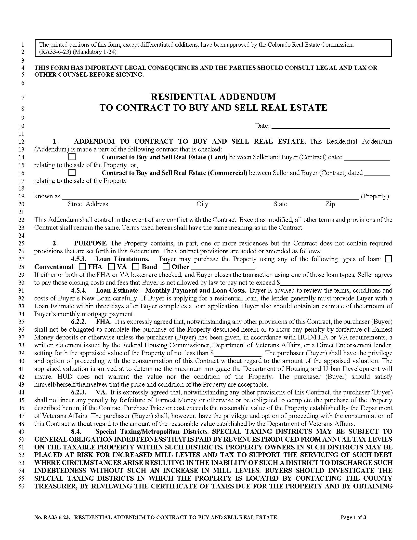 Residential Addendum To Contract To Buy And Sell Real Estate {RA33} | Pdf Fpdf Docx | Colorado