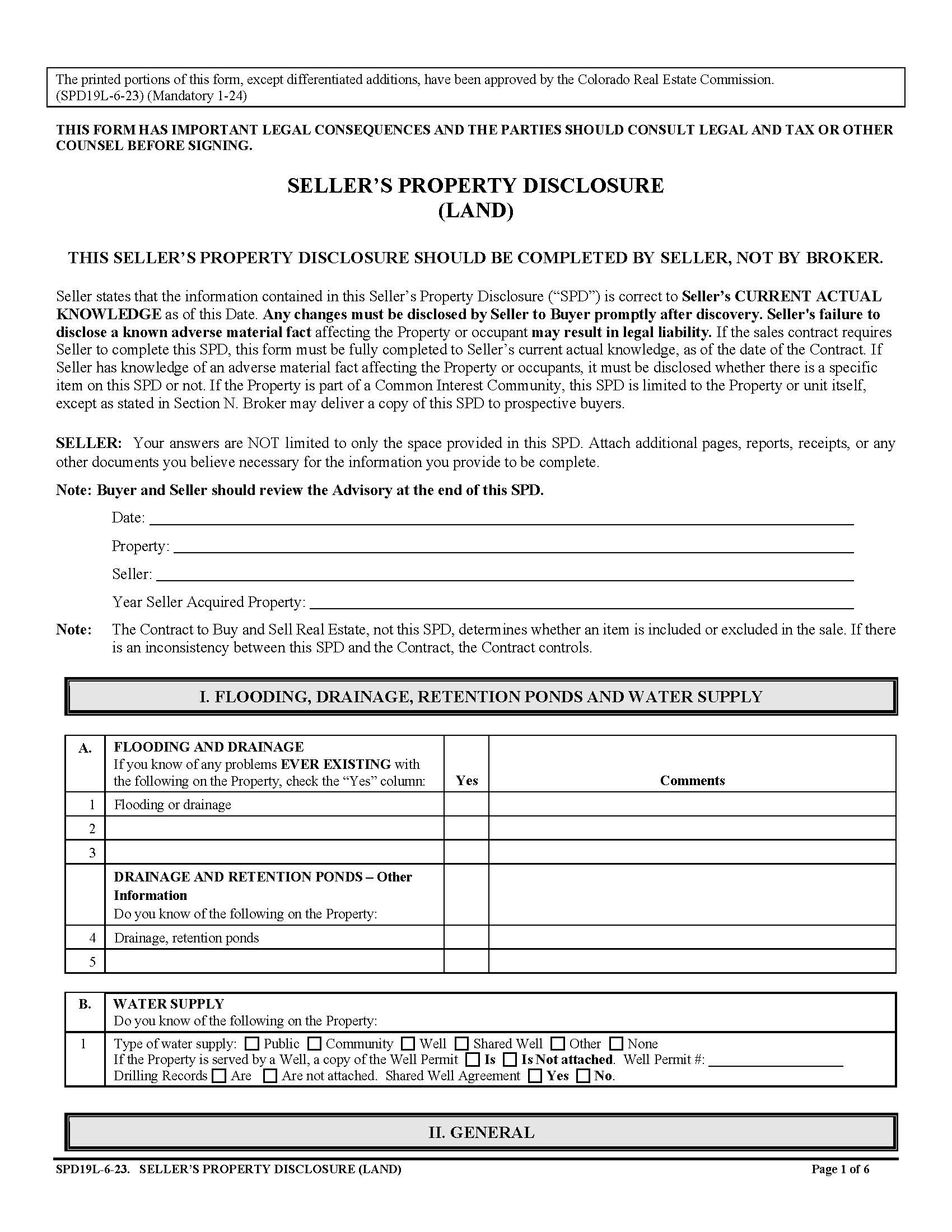 Sellers Property Disclosure (Land) (SPD19L) | Pdf Fpdf Docx | Colorado