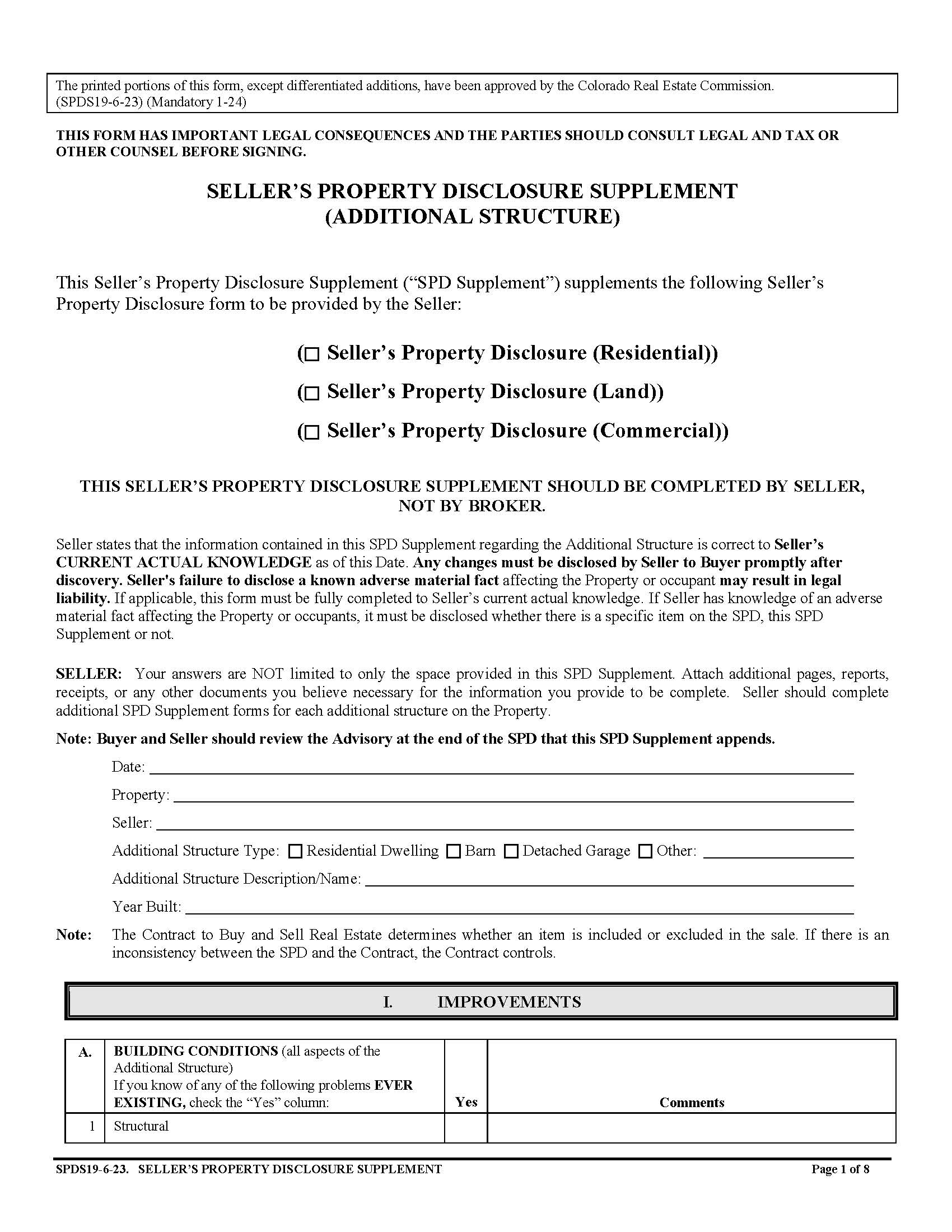 Sellers Property Disclosure (Residential)  (SPDS19) | Pdf Fpdf Docx | Colorado