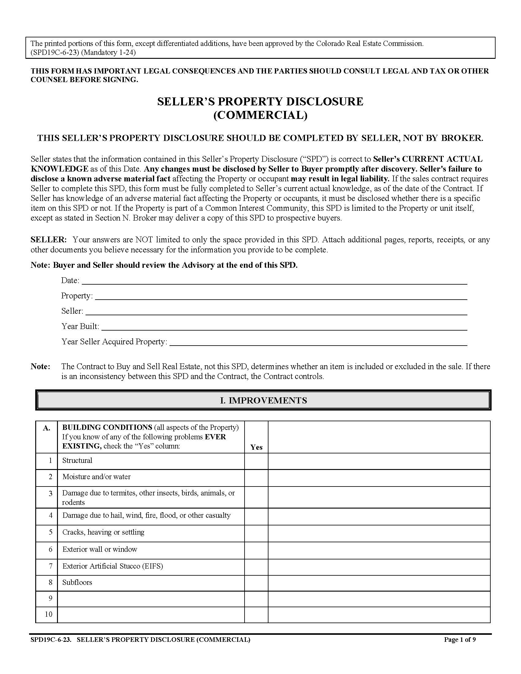 Sellers Property Disclosure Commercial {SPD19C} | Pdf Fpdf Docx | Colorado