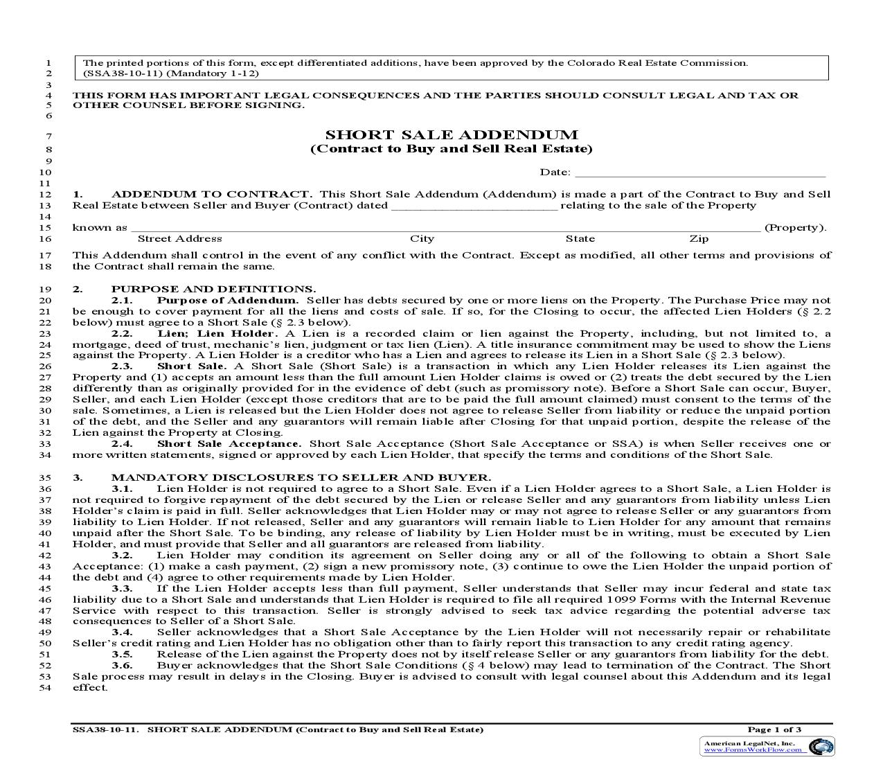 Short Sale Addendum {SSA38} | Pdf Fpdf Doc Docx | Colorado