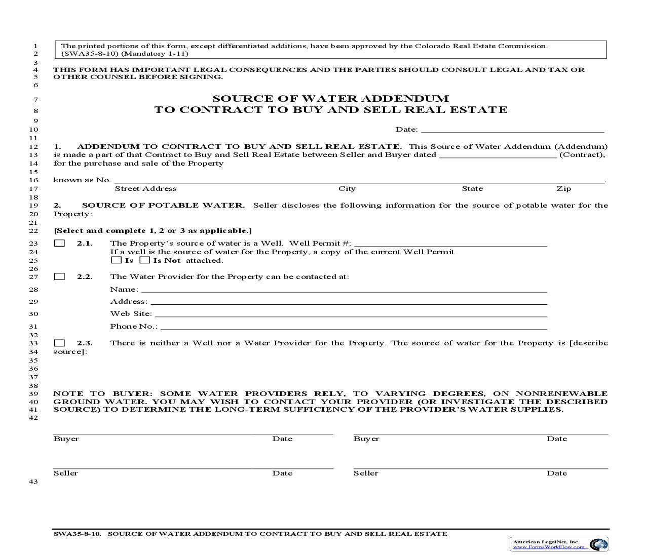 Source Of Water Addendum To Contract To Buy And Sell Real Estate {SWA35} | Pdf Fpdf Doc Docx | Colorado