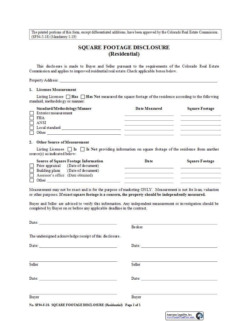 Square Footage Disclosure {SF94} | Pdf Fpdf Docx | Colorado
