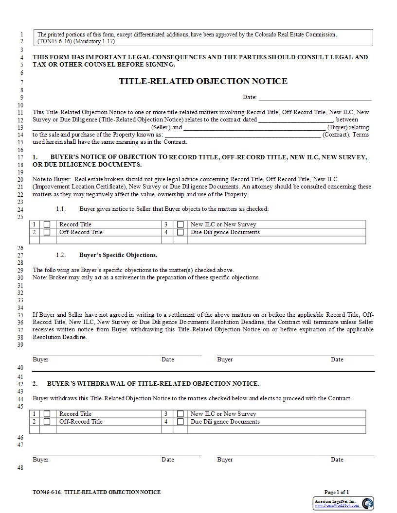 Title-Related Objection Notice {TON45} Writable | Pdf Fpdf Docx | Colorado