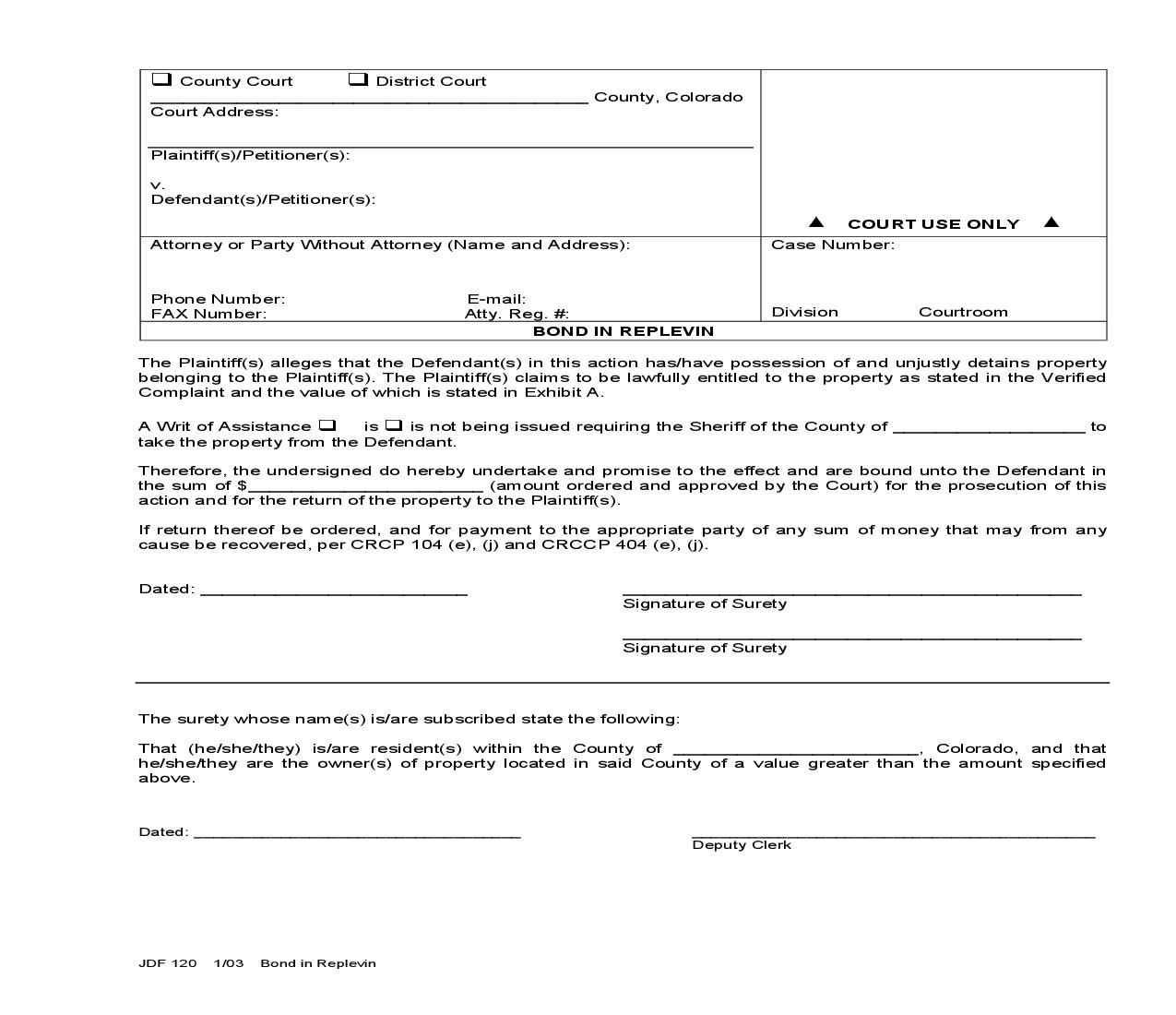 Bond In Replevin {JDF 120} | Pdf Fpdf Doc Docx | Colorado