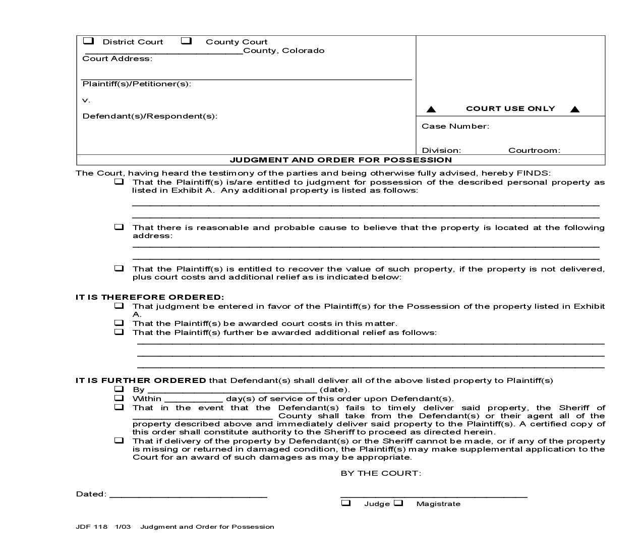 Judgment And Order For Possession {JDF 118} | Pdf Fpdf Doc Docx | Colorado