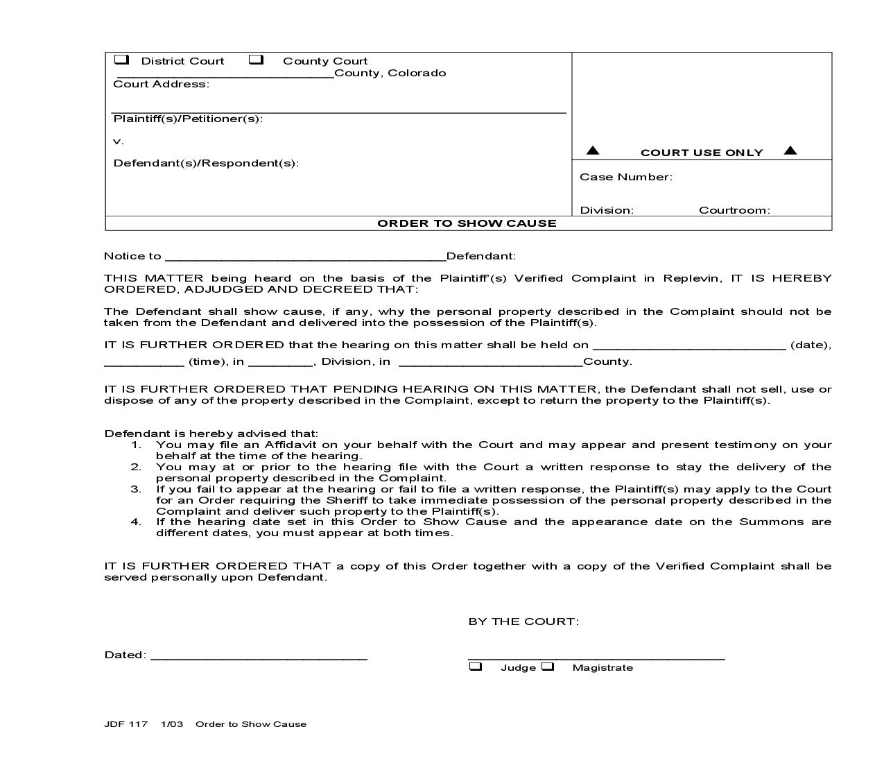 Order To Show Cause {JDF 117} | Pdf Fpdf Doc Docx | Colorado