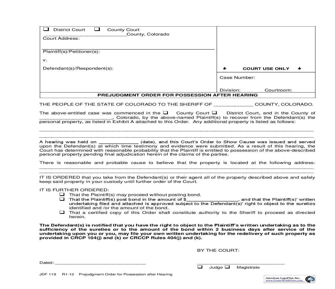 Prejudgment Order For Possession After Hearing {JDF 119} | Pdf Fpdf Doc Docx | Colorado