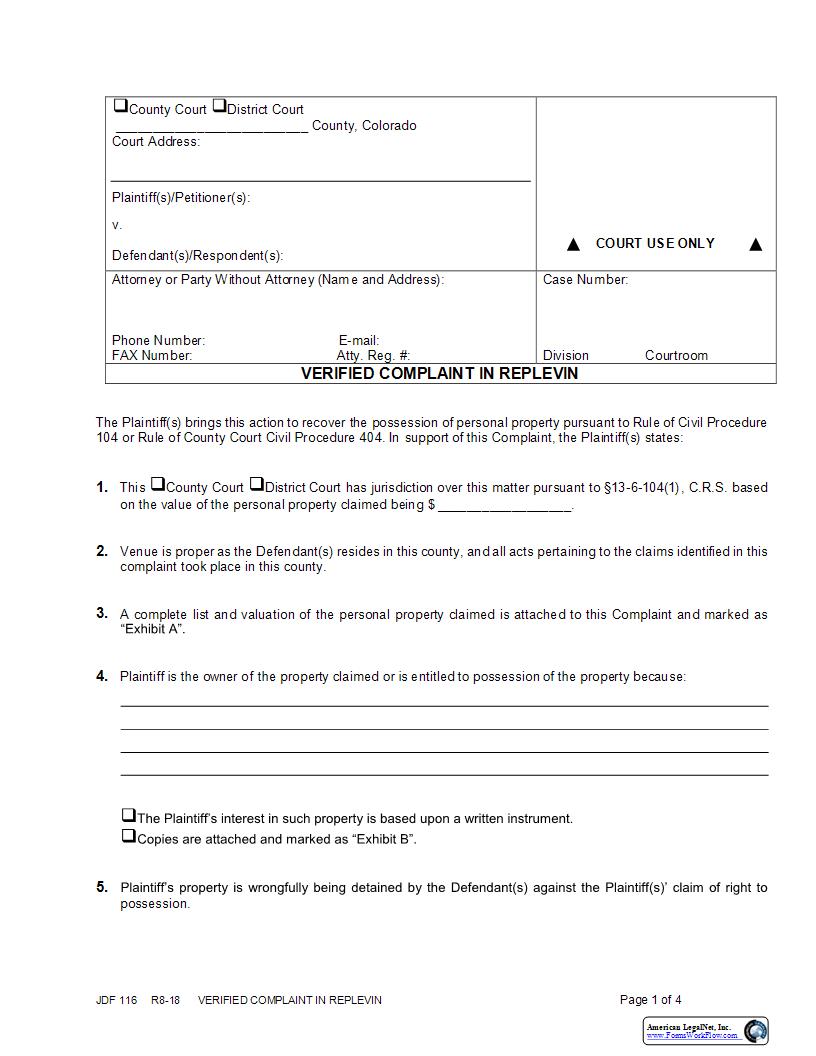 Verified Complaint In Replevin {JDF 116} | Pdf Fpdf Docx | Colorado