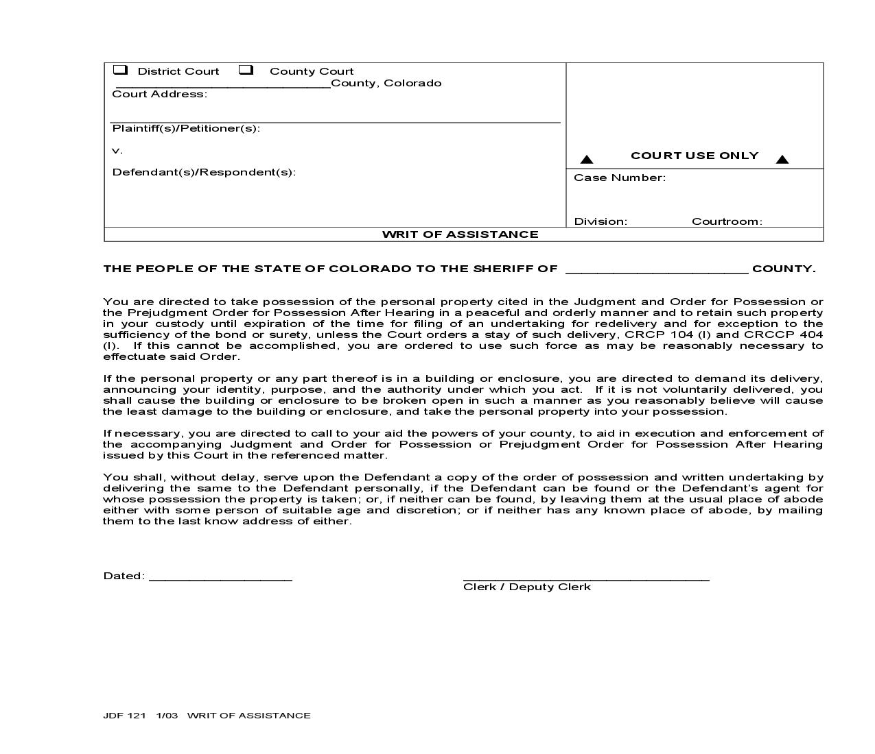 Writ Of Assistance {JDF 121} | Pdf Fpdf Doc Docx | Colorado