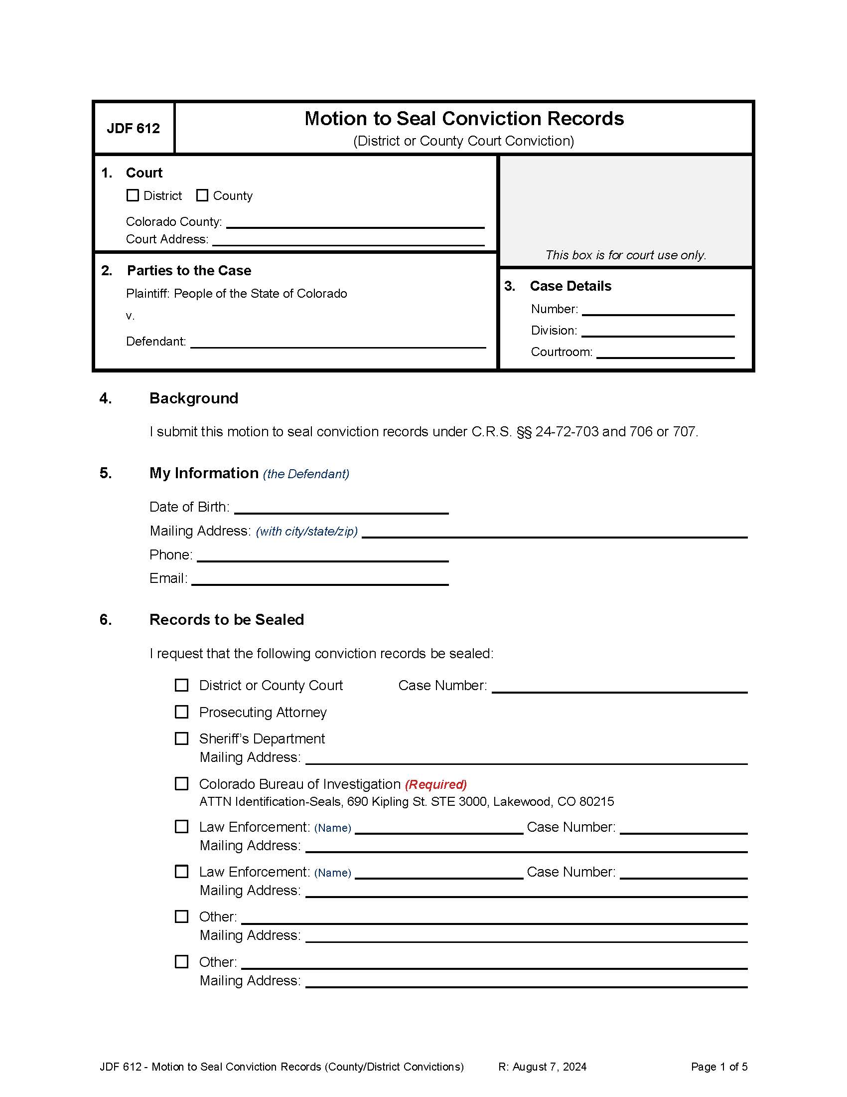 Motion To Seal Criminal Conviction Records {JDF 612} | Pdf Fpdf Docx | Colorado