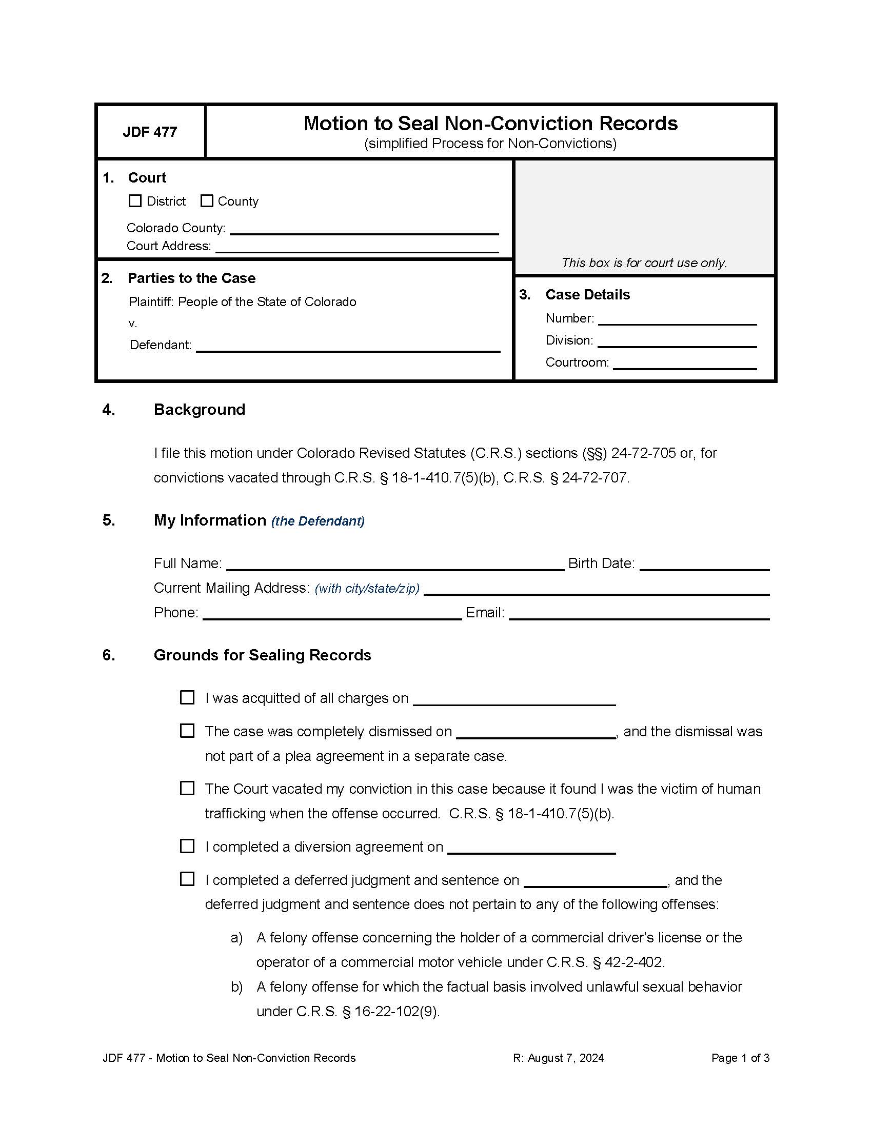 Motion To Seal Non Conviction Records {JDF 477} | Pdf Fpdf Docx | Colorado