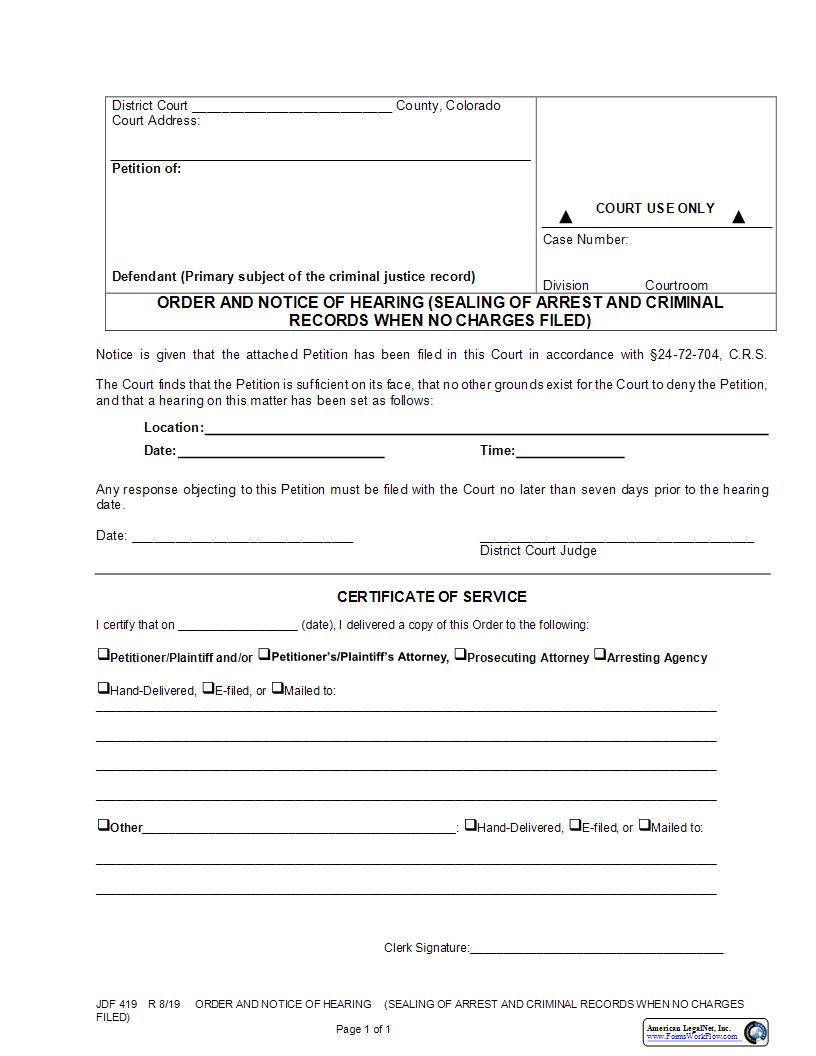 Order And Notice Of Hearing (Sealing Of Records) {JDF 419} | Pdf Fpdf Docx | Colorado