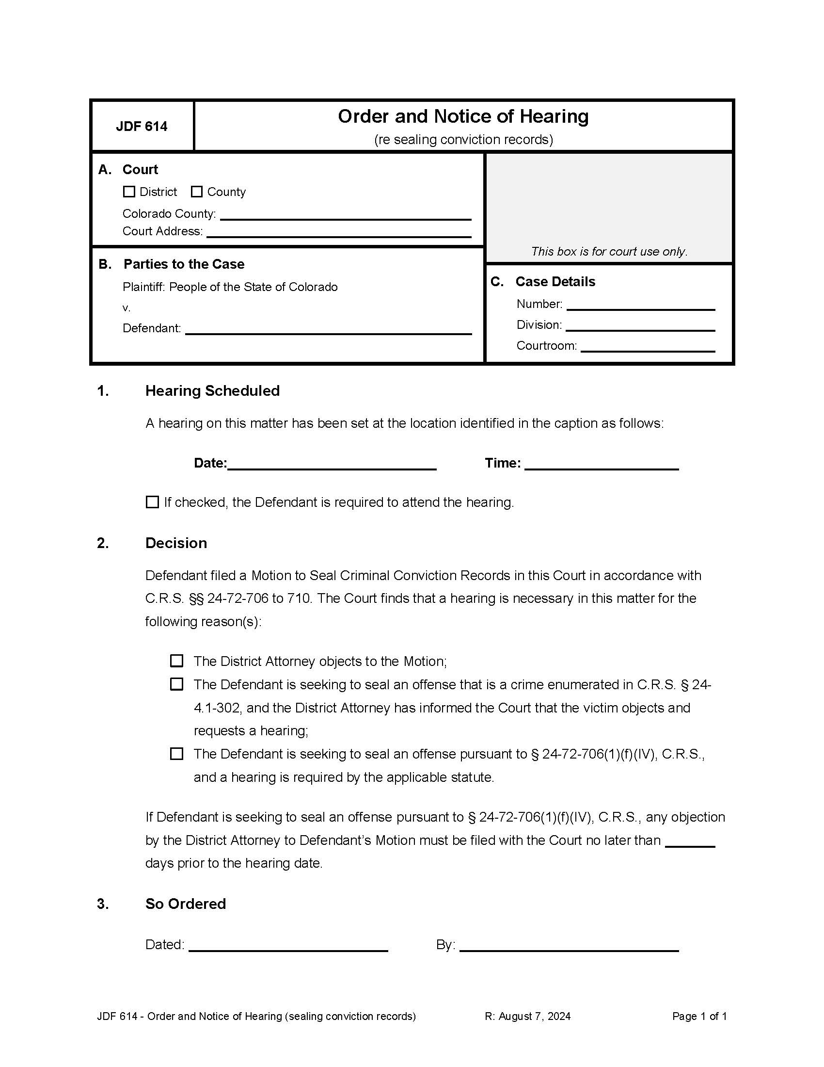 Order And Notice Of Hearing To Seal Conviction Records {JDF 614} | Pdf Fpdf Docx | Colorado