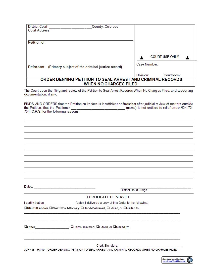 Order Denying Petition To Seal Arrest And Criminal Records {JDF 435} | Pdf Fpdf Docx | Colorado
