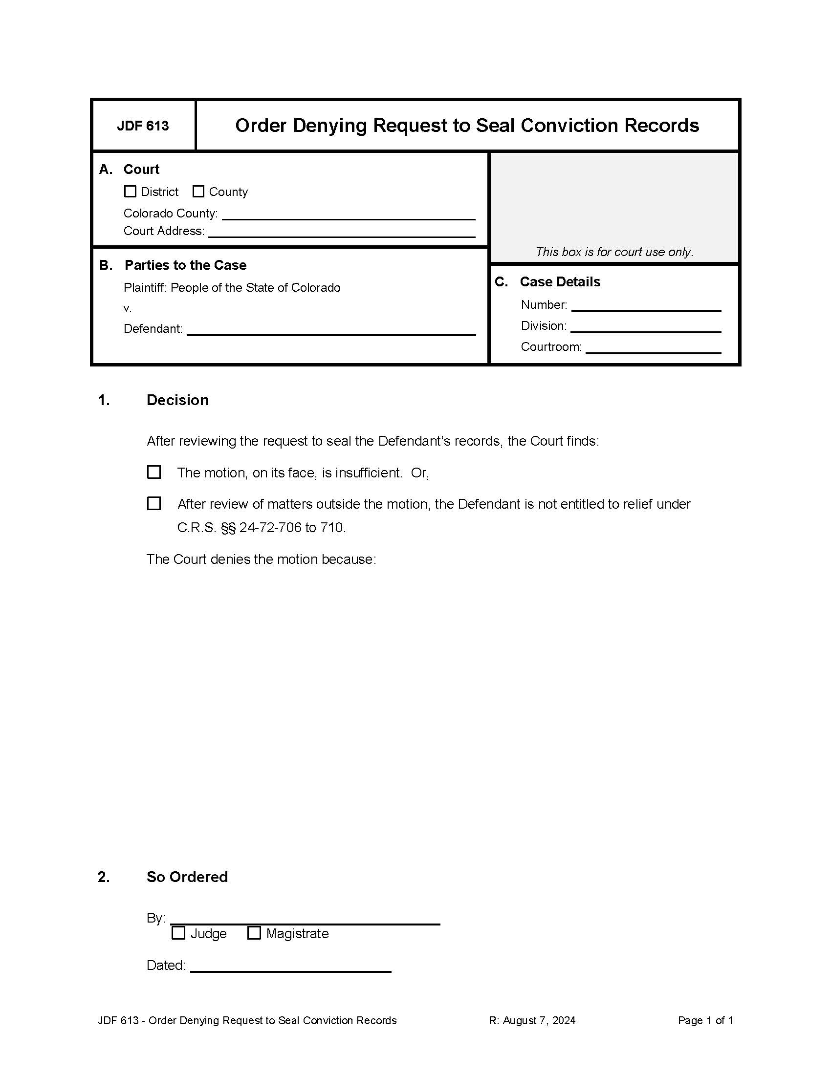 Order Denying Request to Seal Records {JDF 613} | Pdf Fpdf Docx | Colorado
