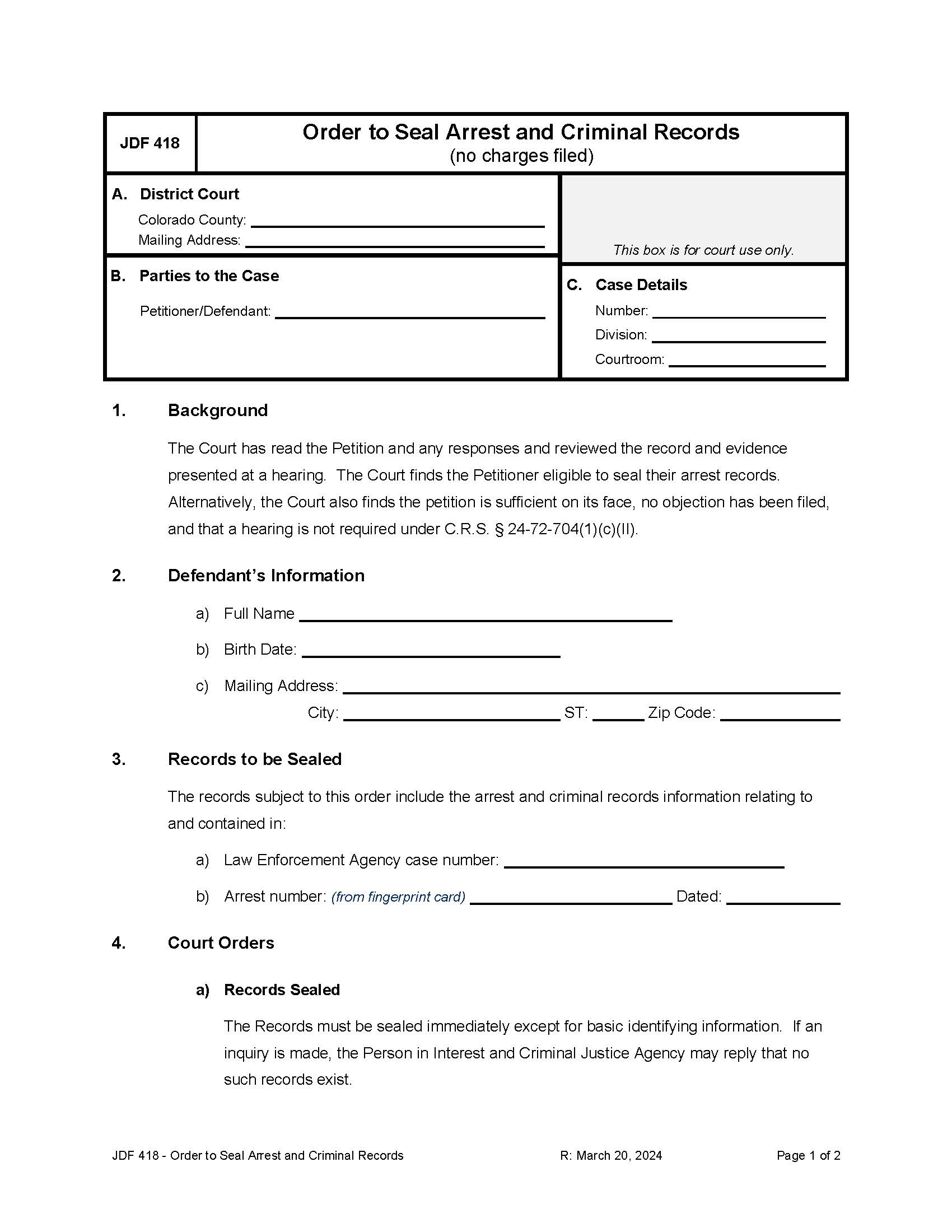Order To Seal Arrest And Criminal Records {JDF 418} | Pdf Fpdf Docx | Colorado