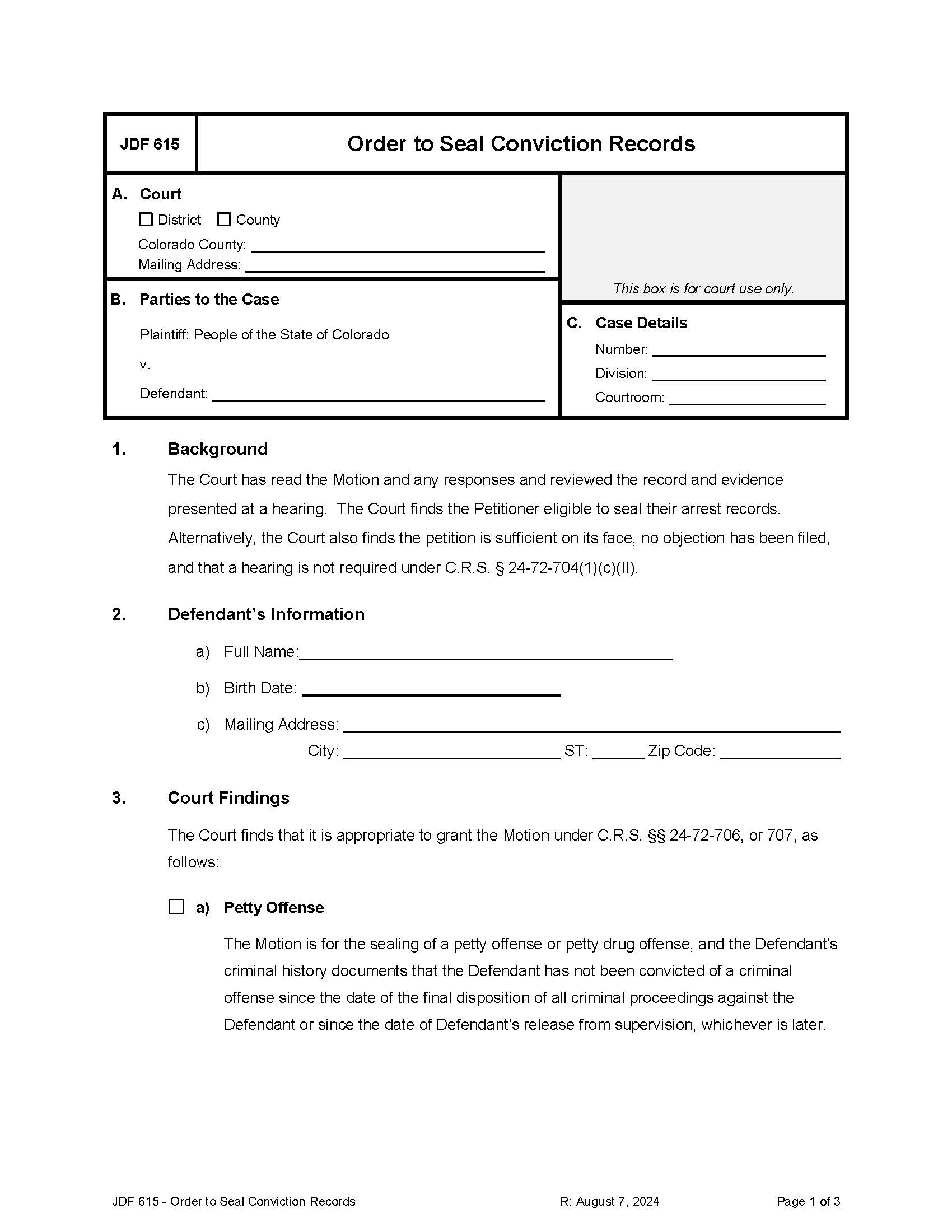 Order To Seal Criminal Records {JDF 615} | Pdf Fpdf Docx | Colorado