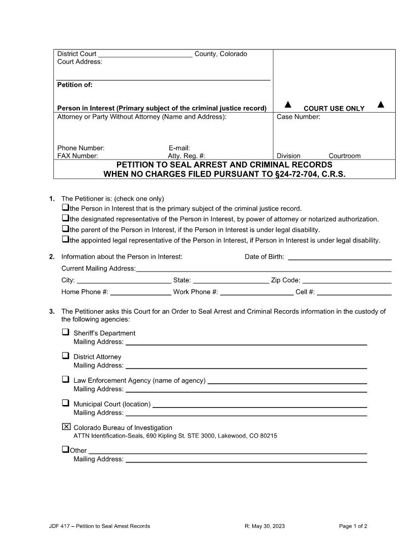 Petition To Seal Arrest And Criminal Records {JDF 417} | Pdf Fpdf Docx | Colorado