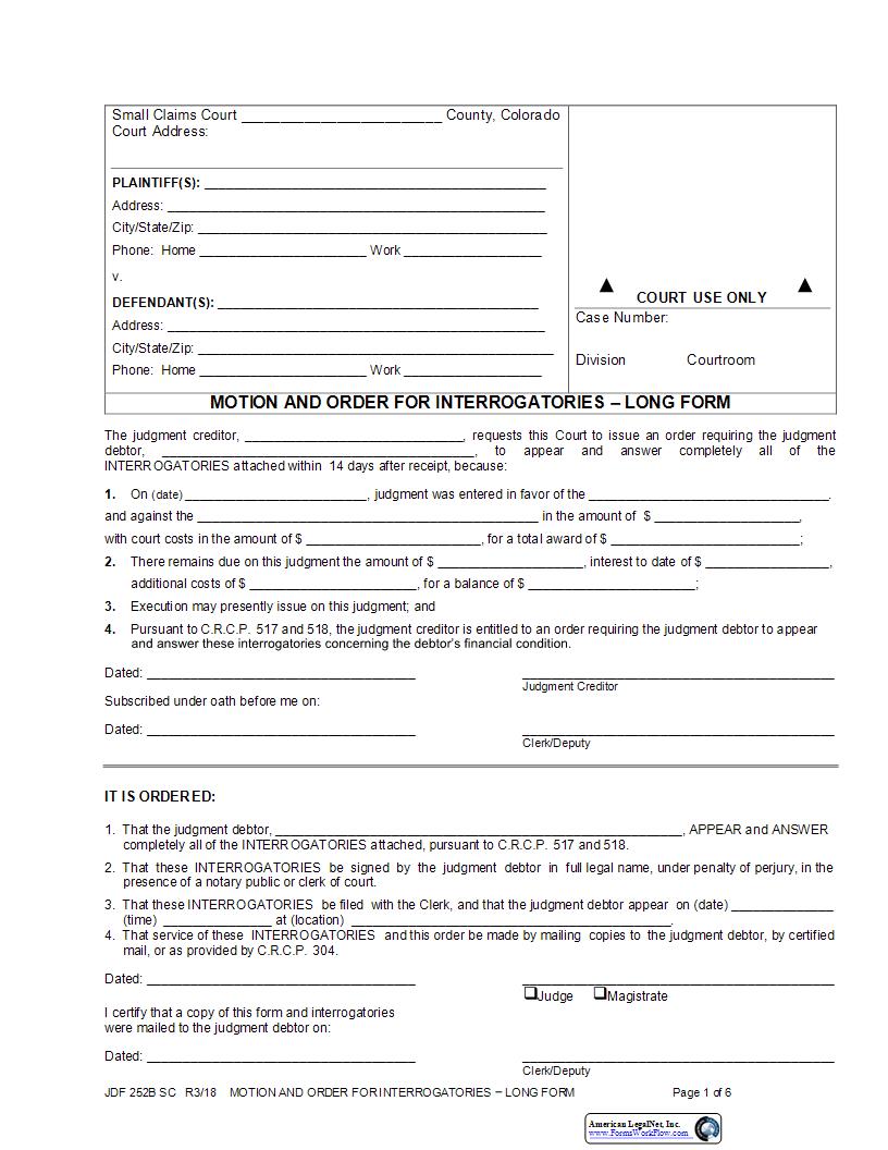 Motion And Order For Interrogatories - Long Form {JDF 252B SC} | Pdf Fpdf Docx | Colorado