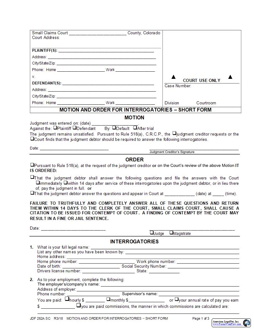 Motion And Order For Interrogatories - Short Form {JDF 252A SC} | Pdf Fpdf Docx | Colorado
