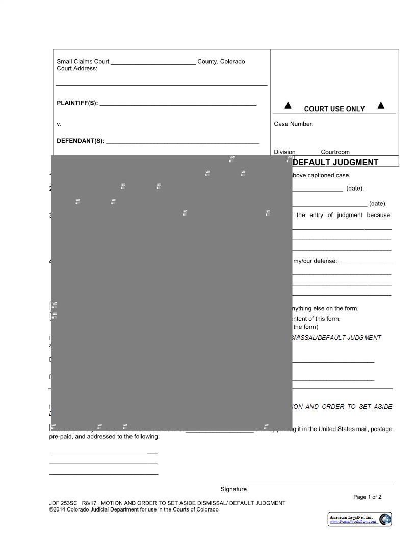 Motion And Order To Set Aside Dismissal Or Default Judgment {JDF 253SC} | Pdf Fpdf Docx | Colorado
