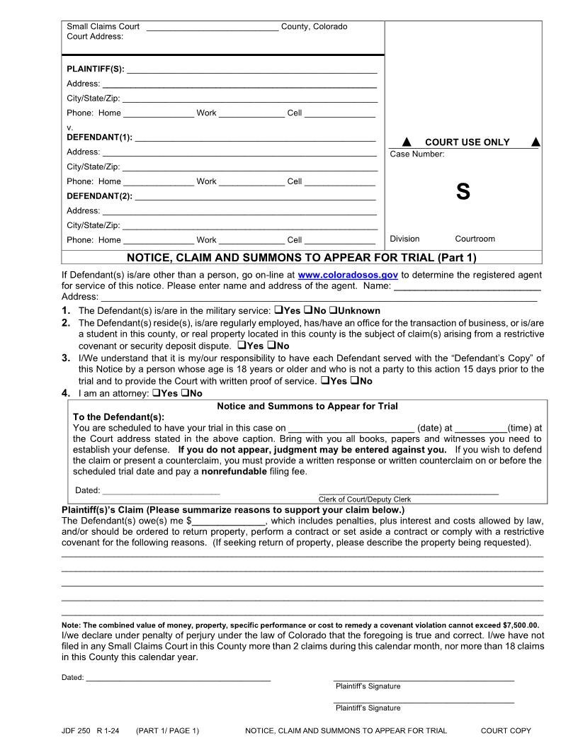 Notice Claim And Summons To Appear For Trial {JDF 250SC} | Pdf Fpdf Docx | Colorado