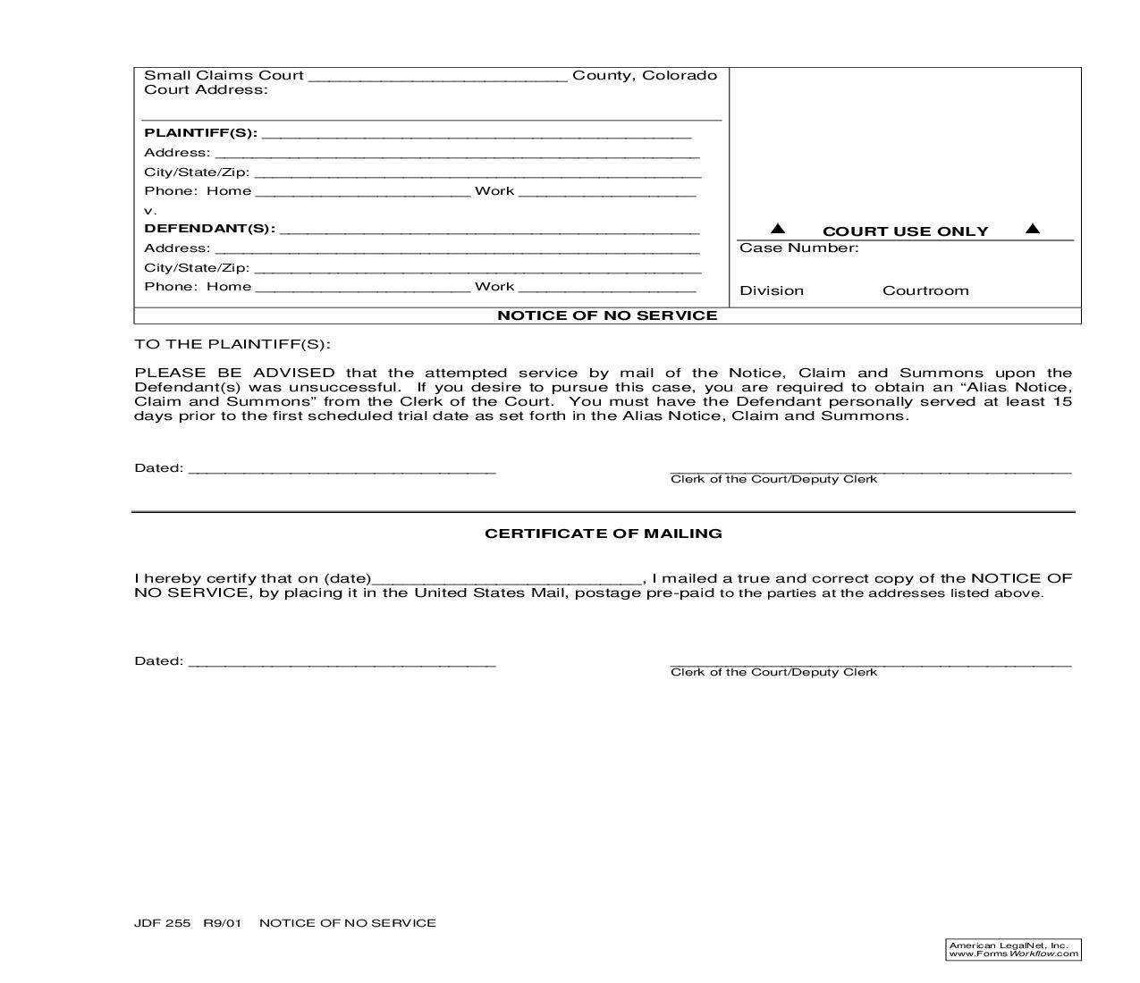 Notice Of No Service {JDF 255} | Pdf Fpdf Doc Docx | Colorado