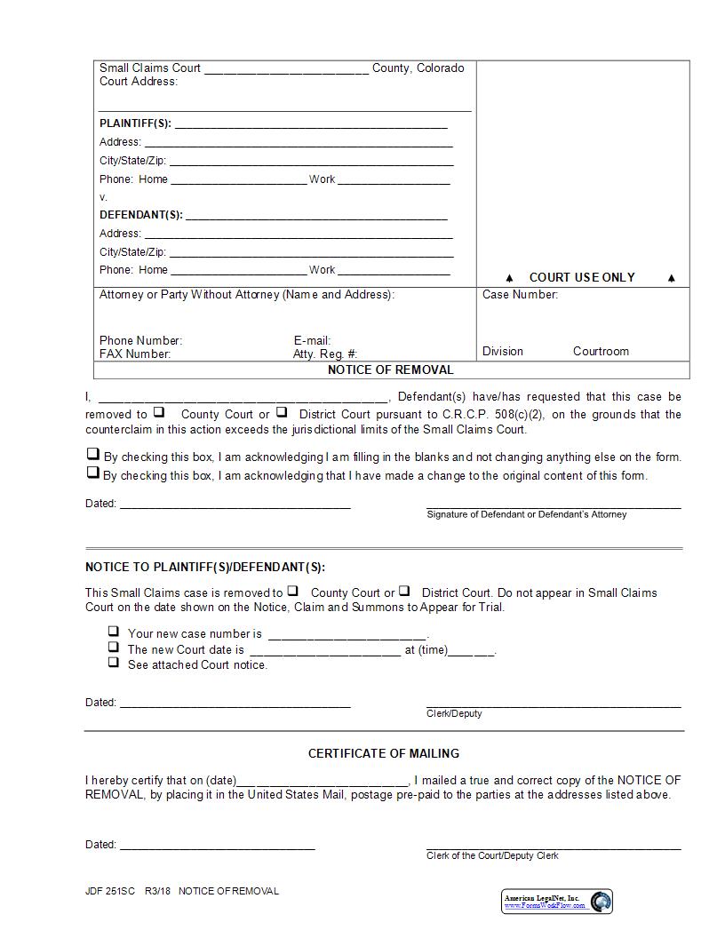 Notice Of Removal {JDF 251SC} | Pdf Fpdf Docx | Colorado