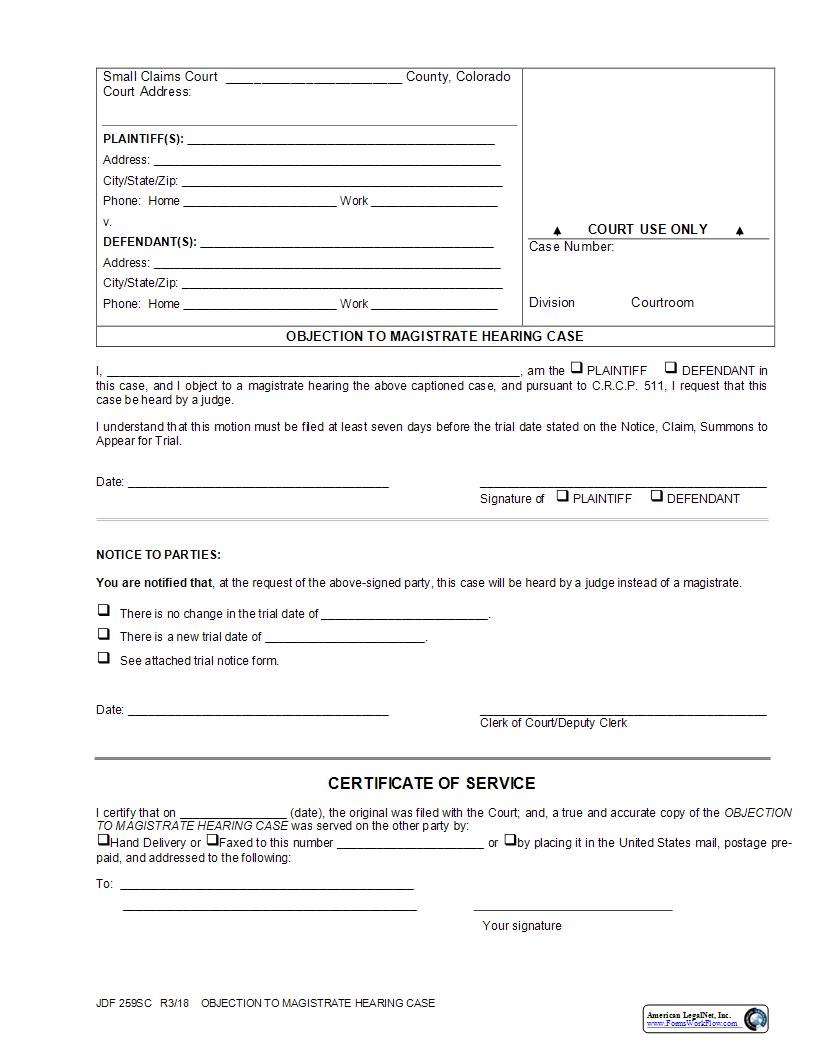 Objection To Magistrate Hearing Case {JDF 259SC} | Pdf Fpdf Docx | Colorado