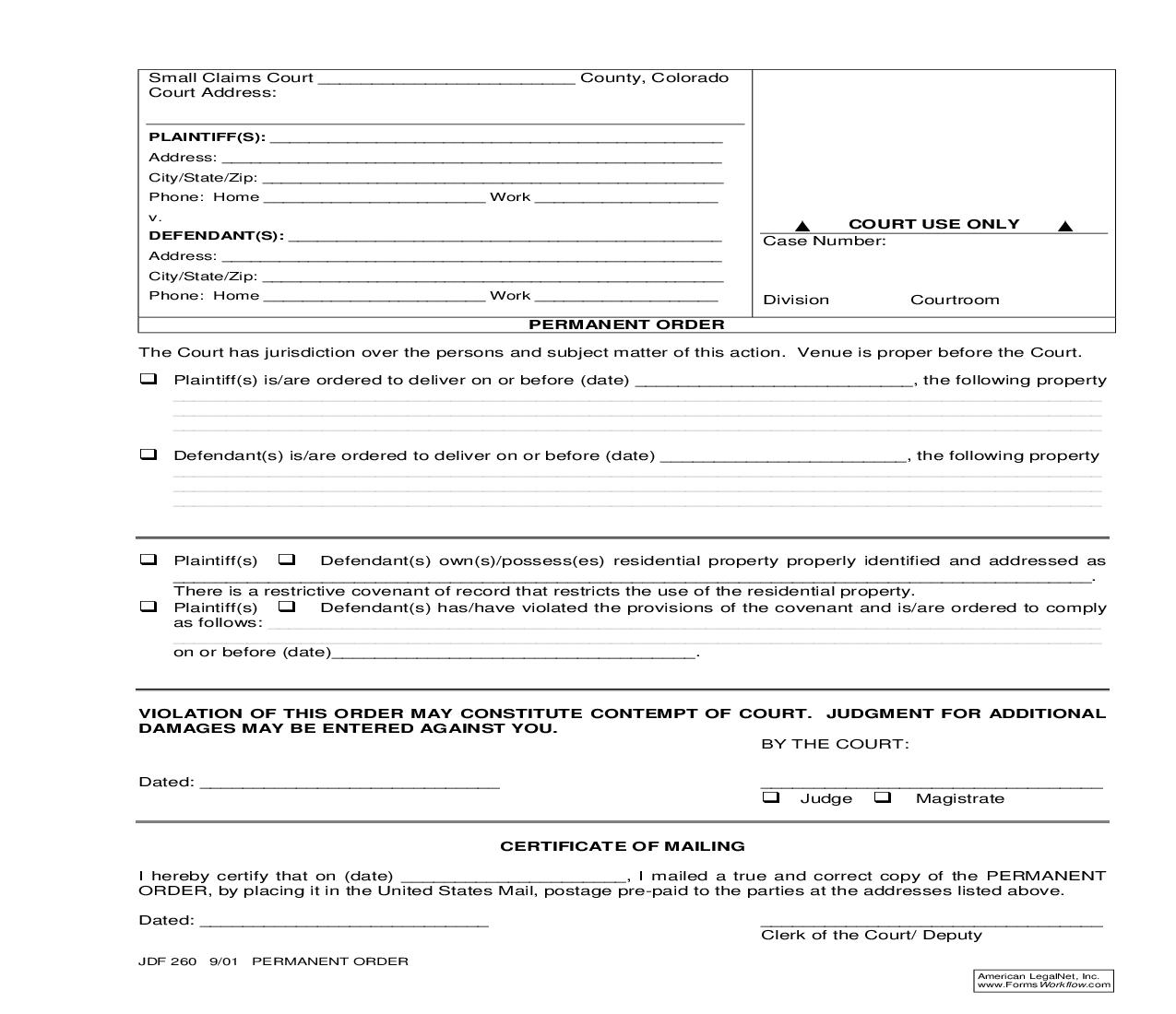 Permanent Order {JDF 260} | Pdf Fpdf Doc Docx | Colorado