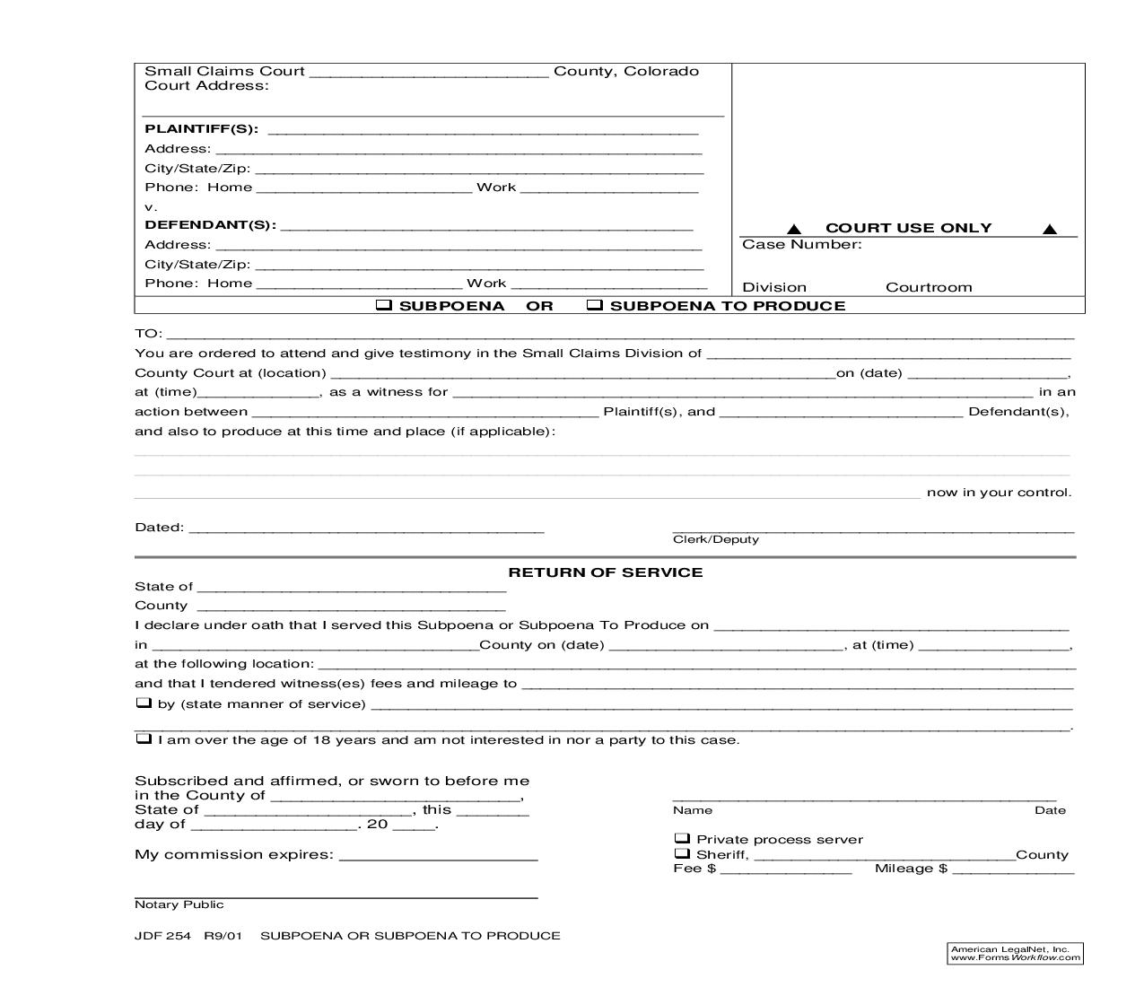 Subpoena Or Subpoena To Produce {JDF 254} | Pdf Fpdf Doc Docx | Colorado