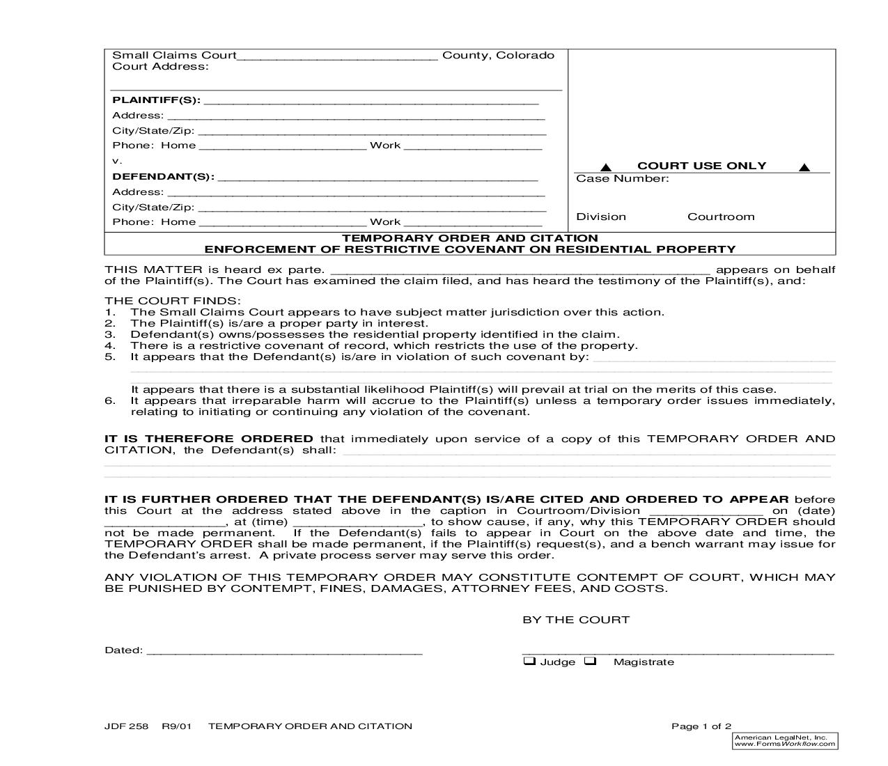 Temporary Order And Citation - Enforcement Of Restrictive Covenant On Residential Property {JDF 258} | Pdf Fpdf Doc Docx | Colorado