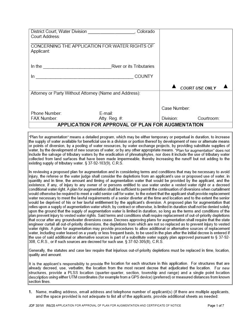 Application For Approval Of Plan For Augmentation {JDF 301W} | Pdf Fpdf Doc Docx | Colorado