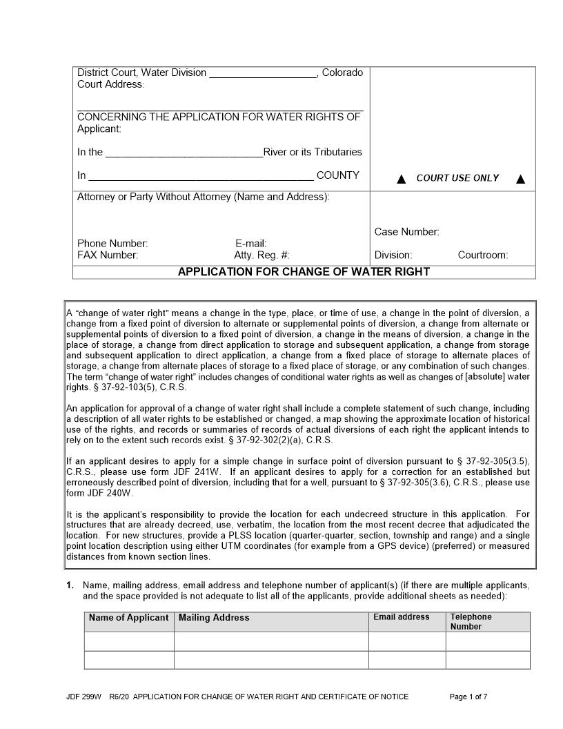 Application For Change Of Water Right {JDF 299W} | Pdf Fpdf Docx | Colorado