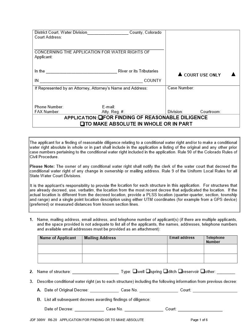 Application For Finding Of Diligence Or To Make Absolute {JDF 300W} | Pdf Fpdf Doc Docx | Colorado