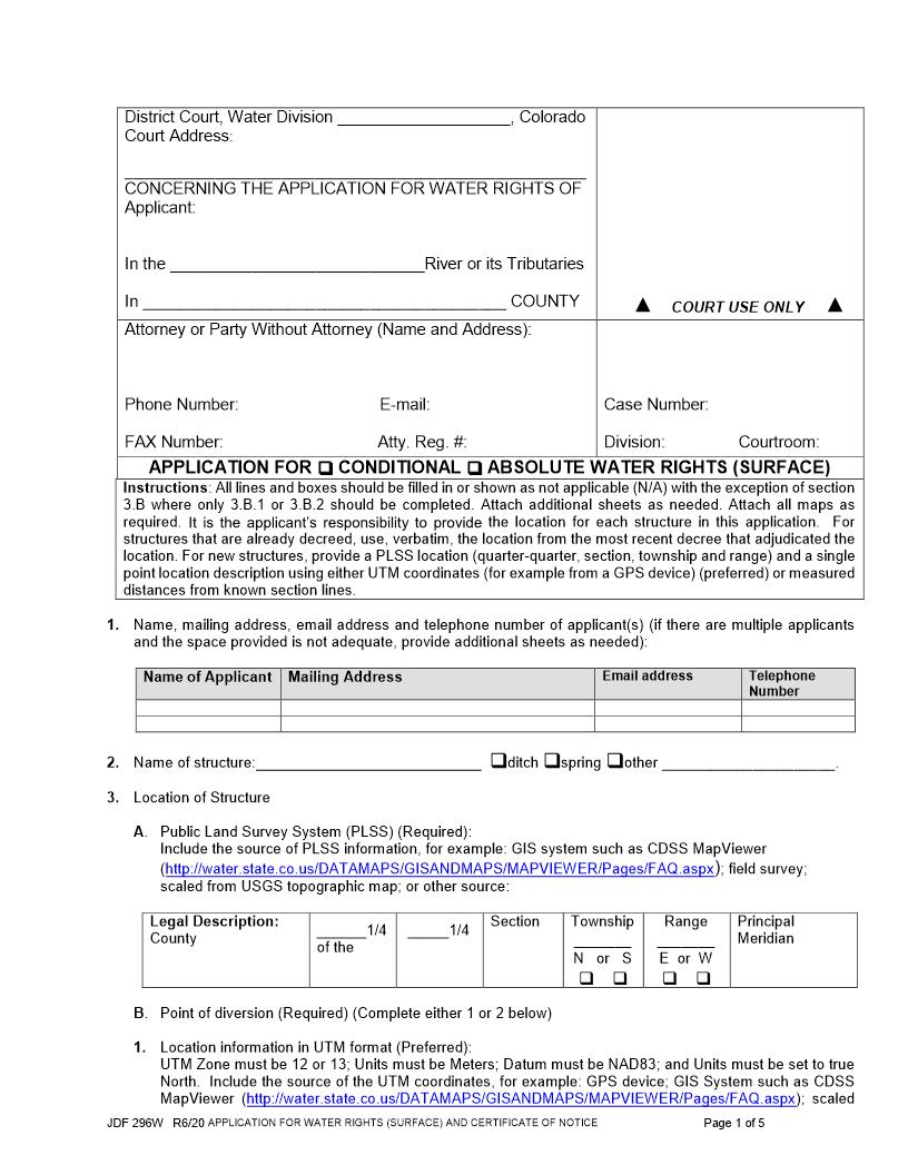 Application For Water Rights (Surface) {JDF 296W} | Pdf Fpdf Docx | Colorado