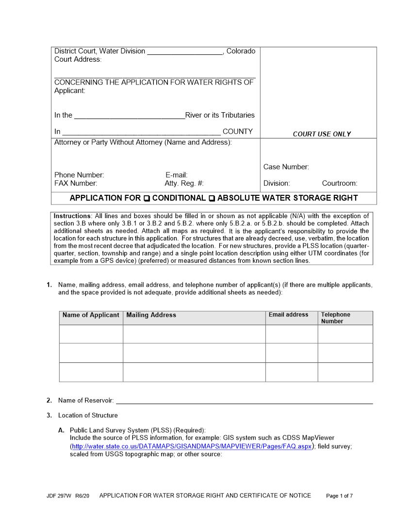 Application For Water Storage Right {JDF 297W} | Pdf Fpdf Doc Docx | Colorado