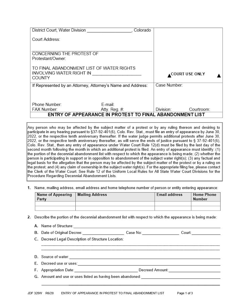 Entry Of Appearance In Protest To Final Abandonment List (320W) | Pdf Fpdf Docx | Colorado