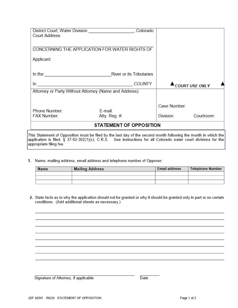Statement Of Opposition {JDF 303W} | Pdf Fpdf Doc Docx | Colorado