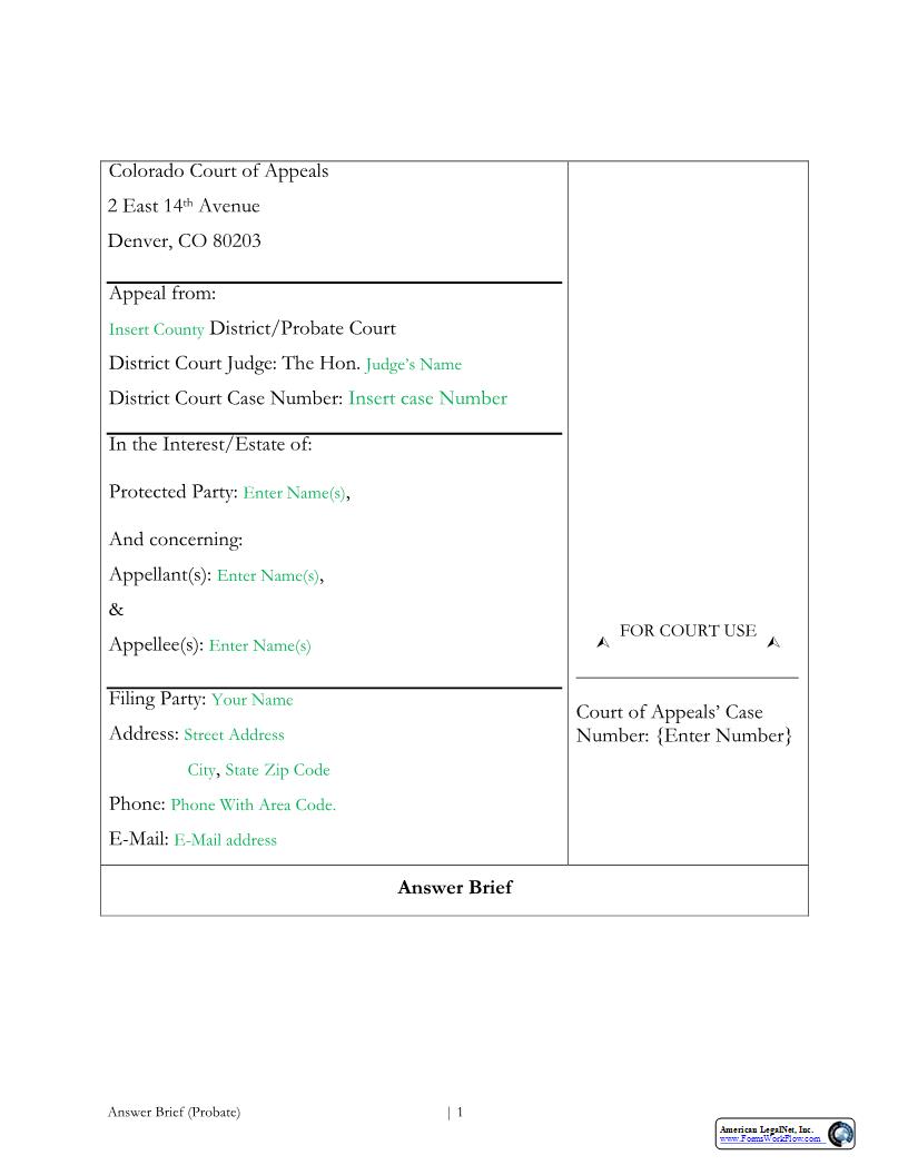 Answer Brief Outline Probate | Pdf Fpdf Docx | Colorado