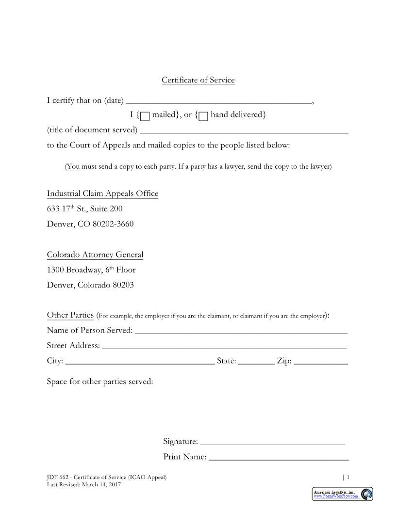 Certificate Of Service {JDF 662} | Pdf Fpdf Docx | Colorado