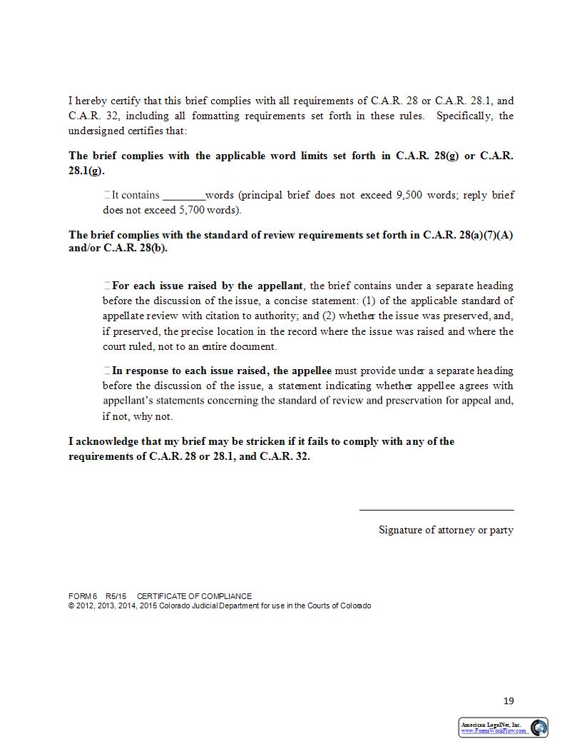 Certificate of Compliance {Form 6} | Pdf Fpdf Docx | Colorado