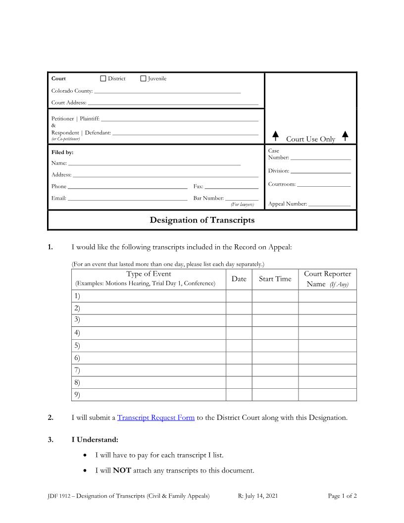 Designation Of Transcripts {JDF 1912} | Pdf Fpdf Docx | Colorado